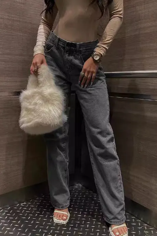 High Waist Ripped Slim Denim Straight Jeans