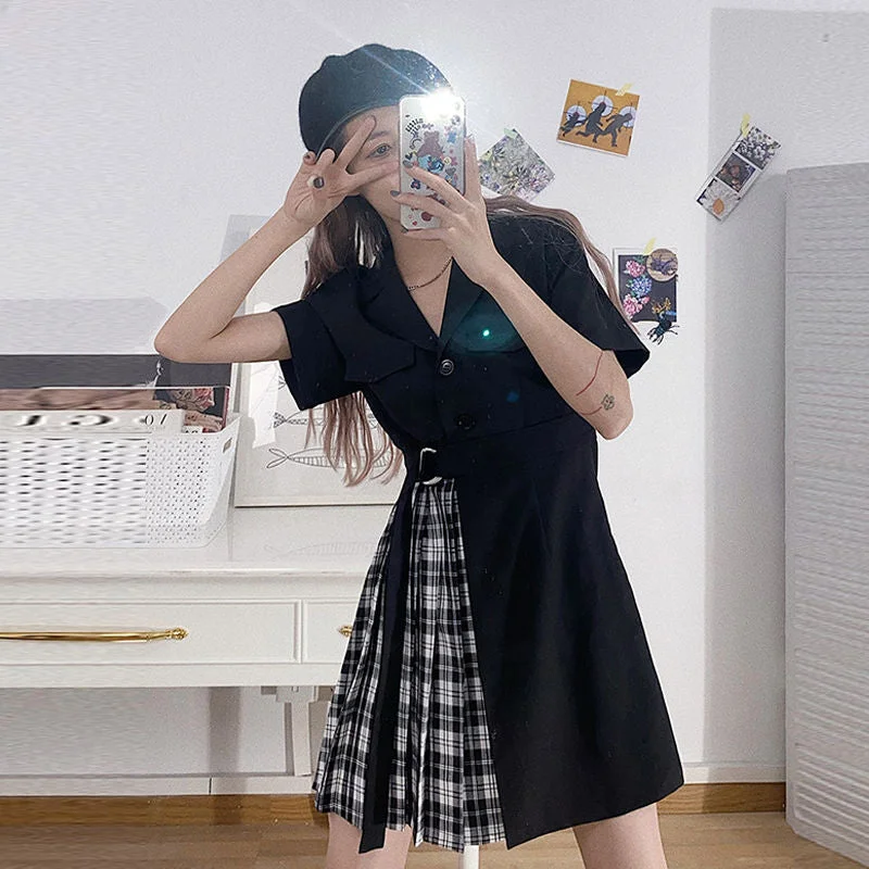 Short Sleeve Dress Women Asymmetrical Lace Up Patchwork Pleated Notched Plaid Womens Korean Style Sexy Trendy Elegant Casual New