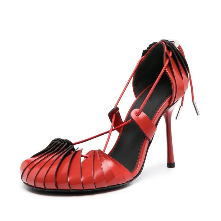 Red Fan-like Round Toe Toggle Fastening 4 Inch Stiletto Pumps Heels |FSJ Shoes