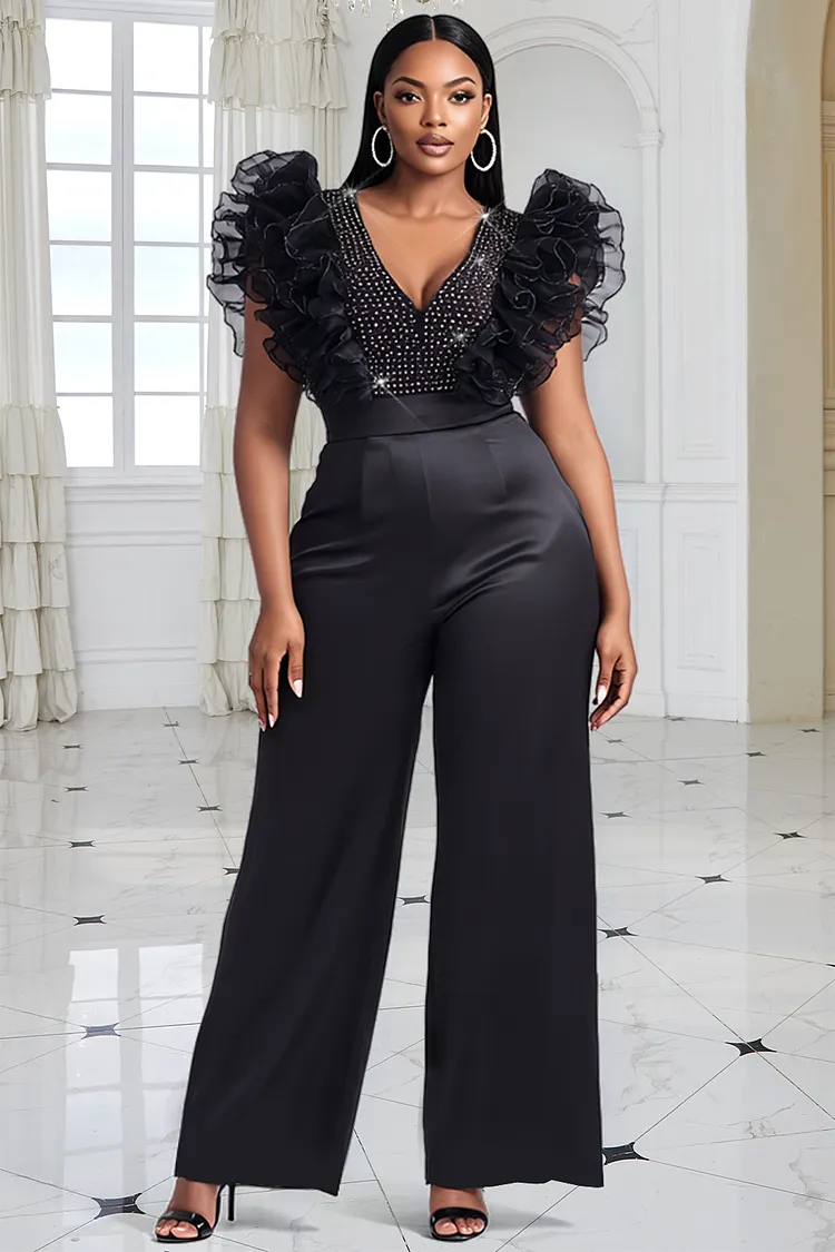 Xpluswear Design Plus Size Formal Tulle Black V Neck Flutter Sleeve Drilling Ruffle Satin Jumpsuits [Pre-Order] 2024 - Xpluswear