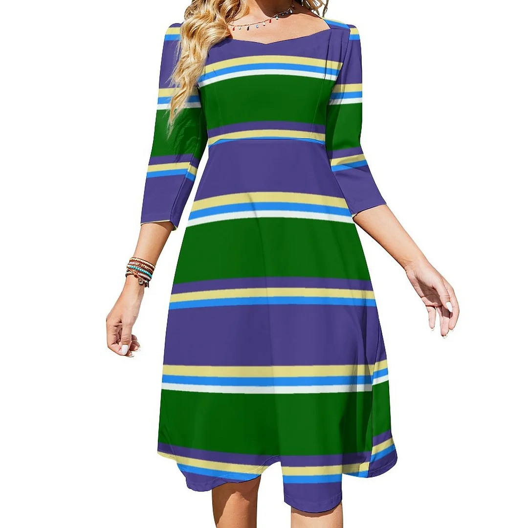 Blue Tan Dark Slate Blue Dark Green Mint Cream Dress Sweetheart Tie Back Flared 3/4 Sleeve Midi Dresses