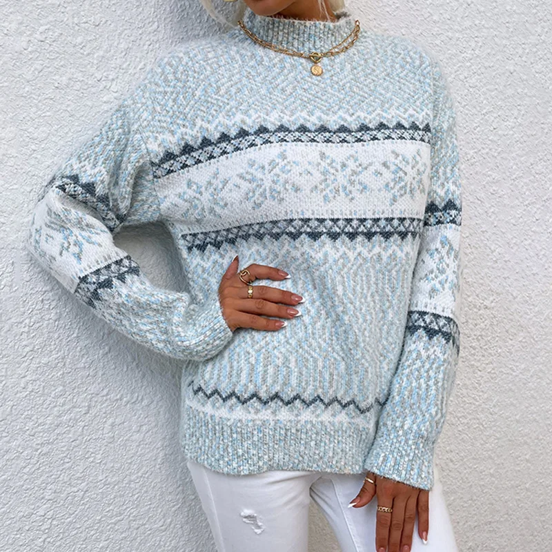 Vintage Jacquard Half Turtleneck Snowflake Sweater