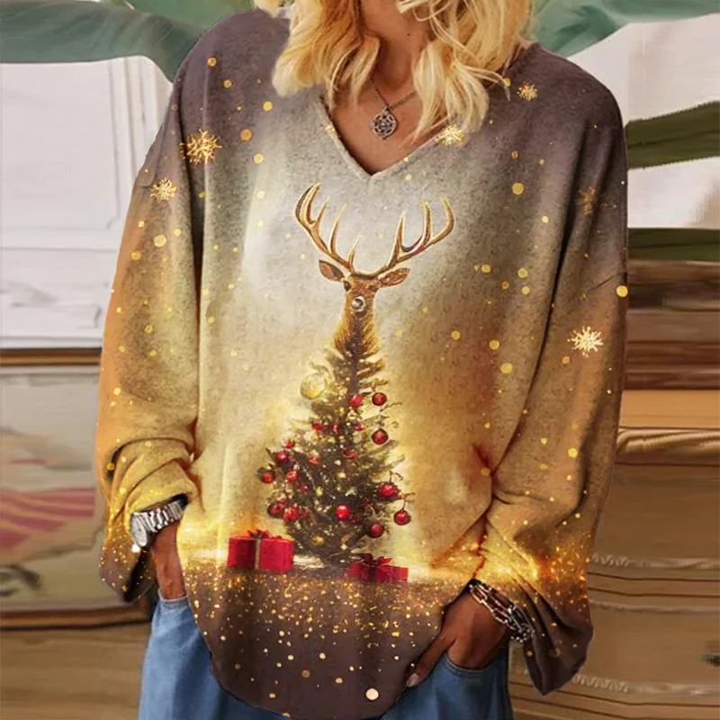 Golden Deer Christmas Tree Print V-Neck Women's Top
