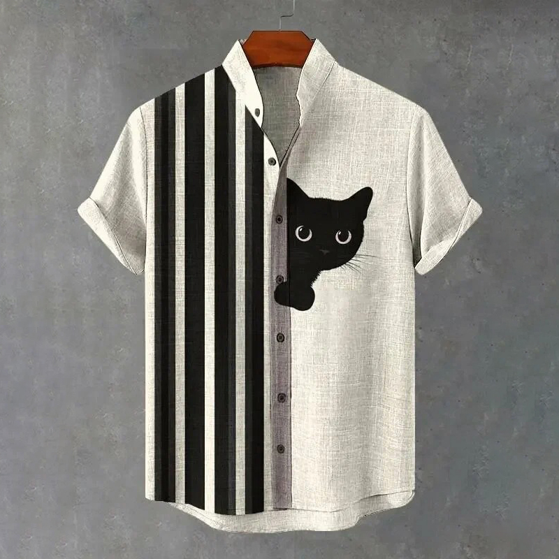 Men's Vintage Black Cat With Stripes Art Short Sleeve Shirt  artssus
