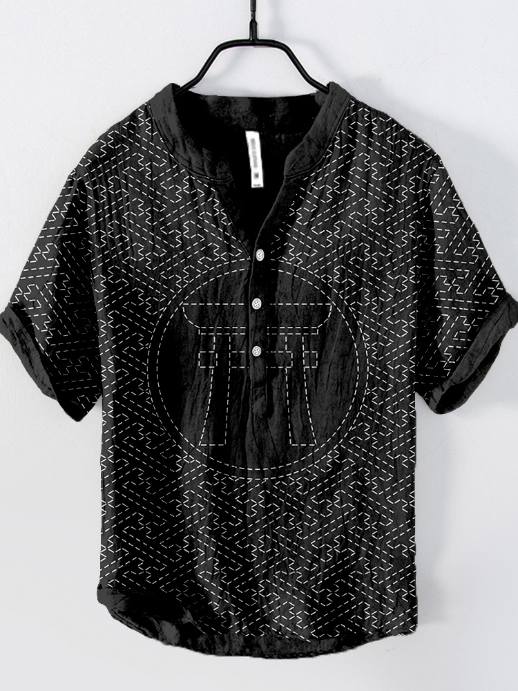 menweary Japanese Traditional Torii Pattern Linen Blend Shirt