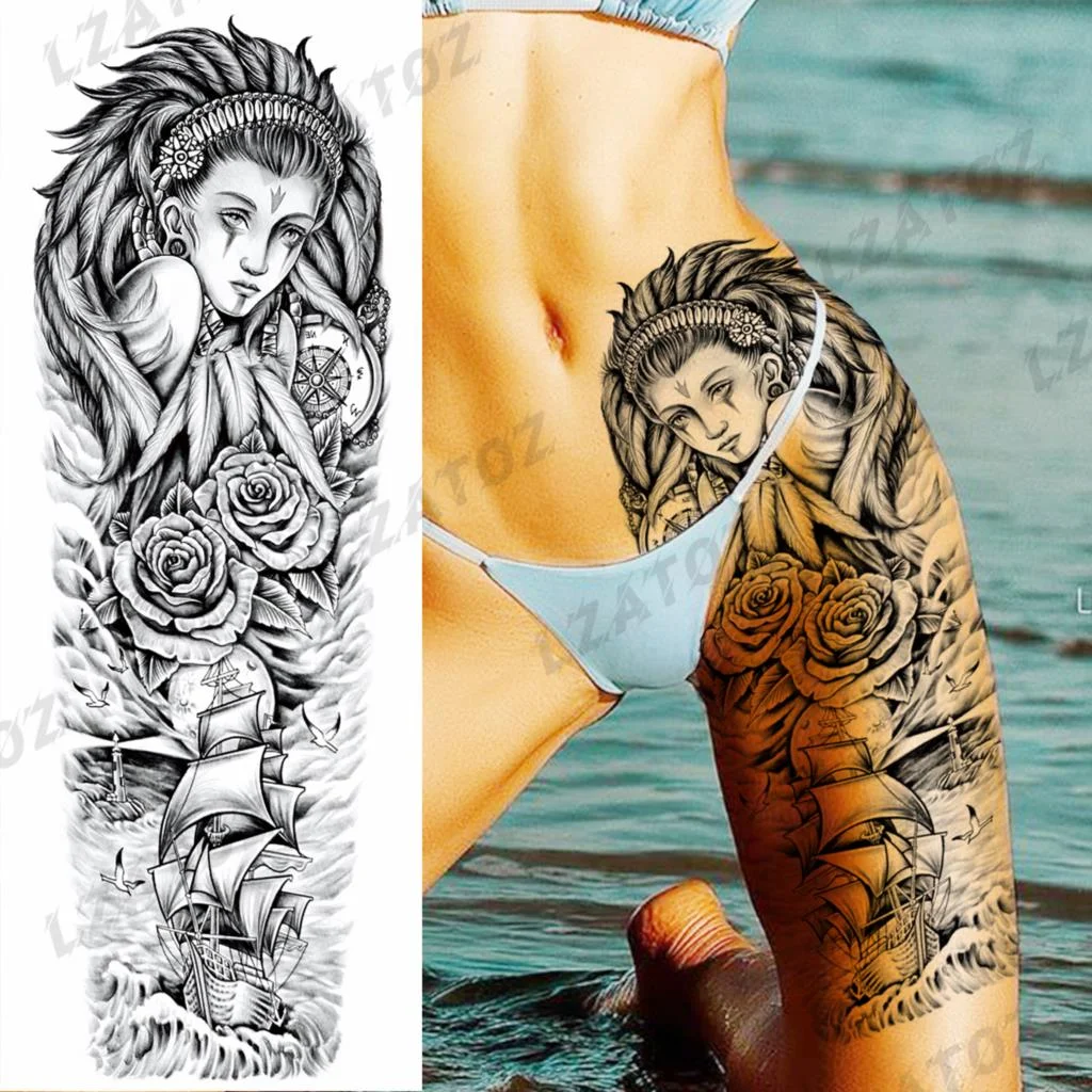 Sdrawing Sleeve Temporary Tattoos For Men Women Realistic Pirate Ship Wolf Tiger Skull Rose Flower Fake Tattoo Sticker Arm Tatoos