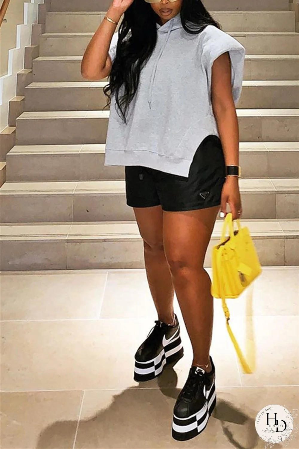 Black Casual Simplicity Solid Draw String Slit Hooded Collar Tops