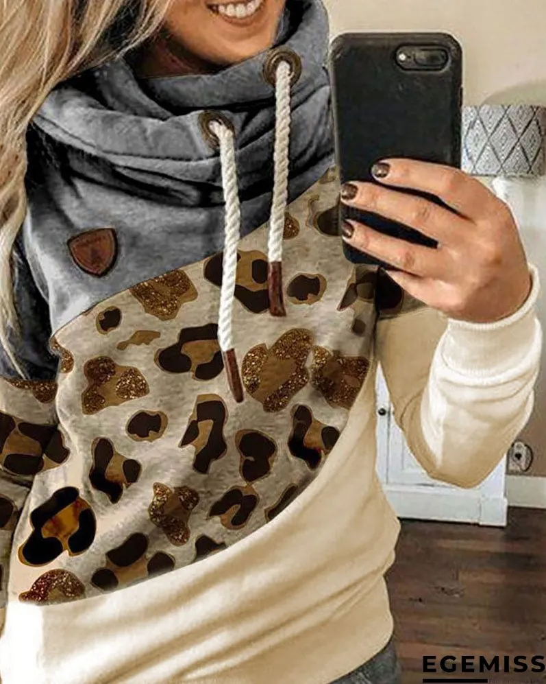 Lantern Sleeve Colorblock Leopard Print Hooded Top | EGEMISS