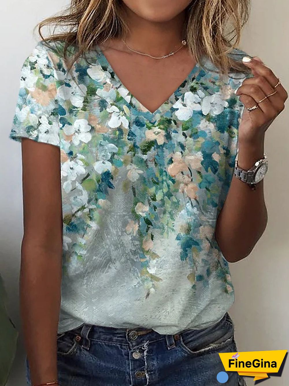 Women's Floral Printed Short Sleeve V-neck Top