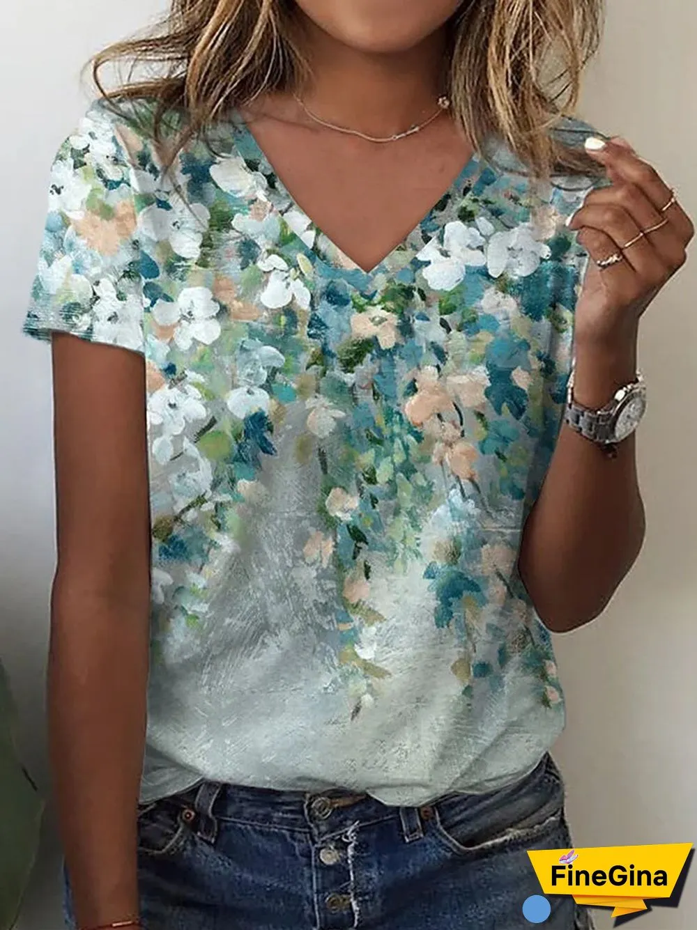 Women's Floral Printed Short Sleeve V-neck Top