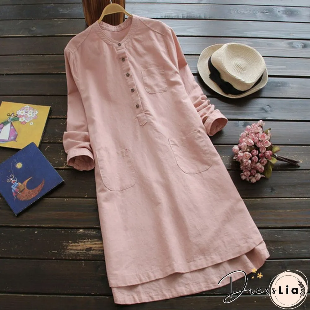 Fashion Women Long Sleeve Buttons Neck Long Shirt Dress Asymmetrical Plus Dress Sundress