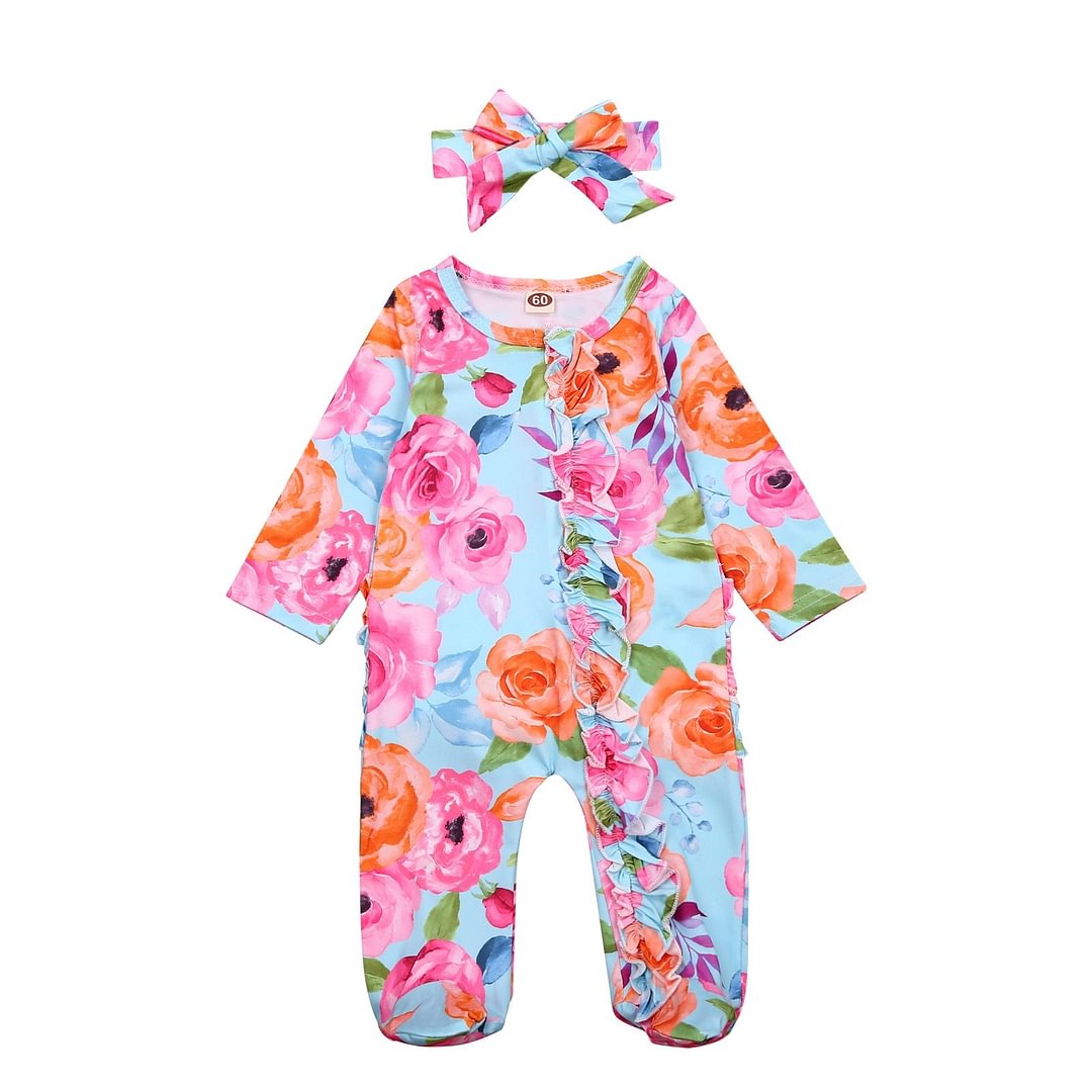 Newborn Baby Girl Floral Footed Playsuit, Floral Print One Piece Jumpsuit Sleeper with Headband Clothes Footies Long Sleeve