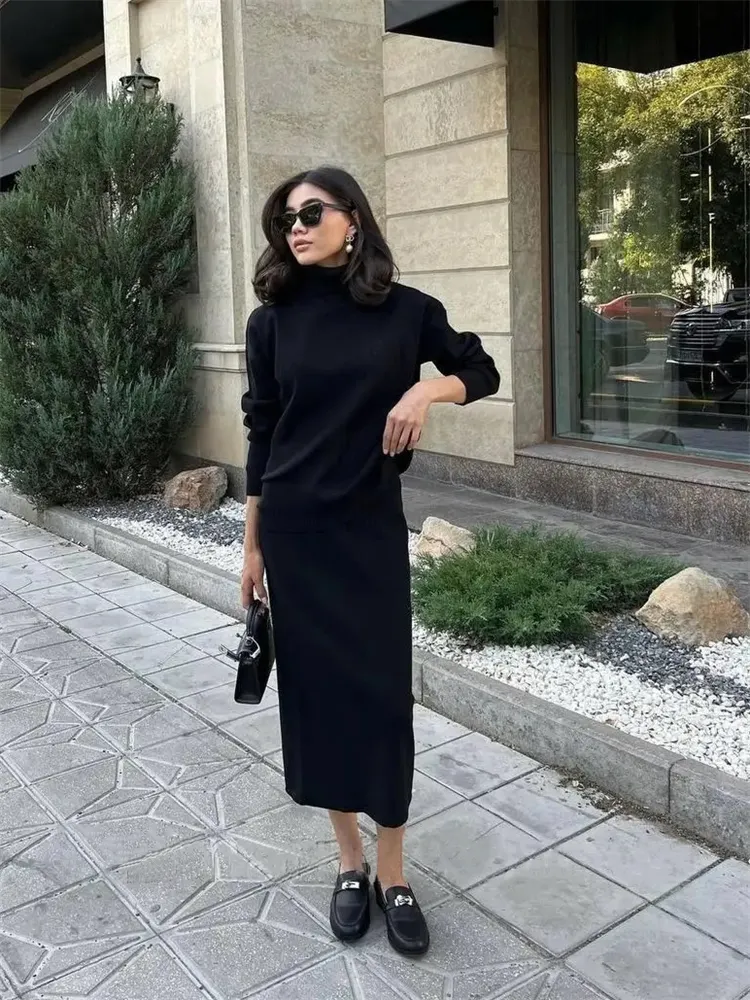 Knitted 2 Piece Outfit Set Casual Long Sleeve Sweater Top And Pencil Long Skirts Elegant Autumn Two Piece Sweater Sets 