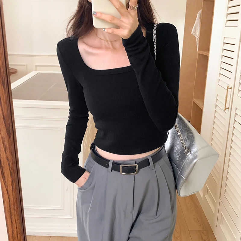 Toloer Color Straight Shoulder Slim Square Collar Threaded Short-Sleeved T-Shirt Early Autumn All Look Thin Undershirt-Outfit Ideas