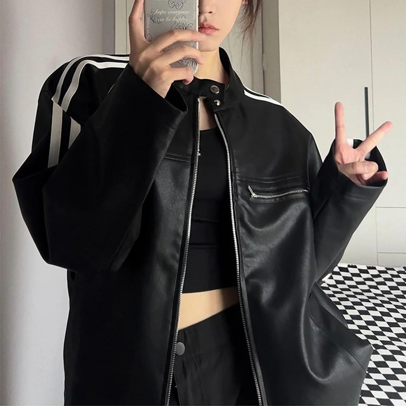 Zingj Zingj Motorcycle Clothing Short Coat Female Autumn Black Stand Collar Jacket Top Bar Minority Long Sleeve Leather Clothes