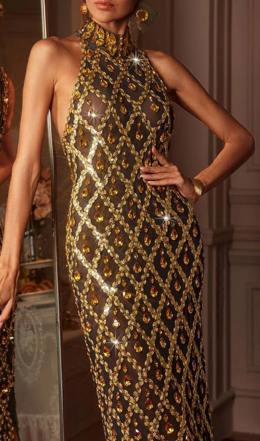 gold sequin dress plus size Luxury Crystal Gold Evening Dress with Cape Sleeve SS268 main image 0