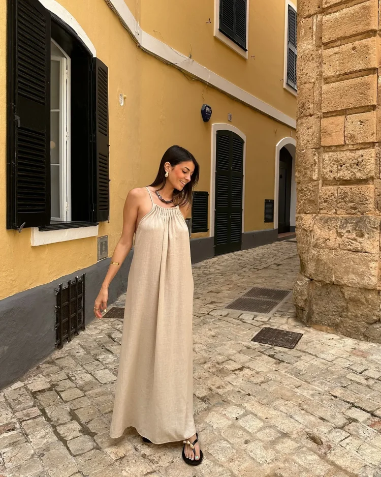 Fitvitalsupplement Elegant Solid Pleated O-neck Maxi Dress Women Sexy Backless Sleeveless Long Dresses 2025 Summer Lady Casual Street Robes