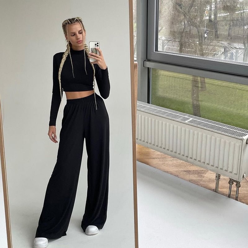 InstaHot Wide Leg Pant Women Two Piece Set Long Sleeve Solid Autumn Casual Outfit Matching Set Casual Homewear 2021 Crop Top Set