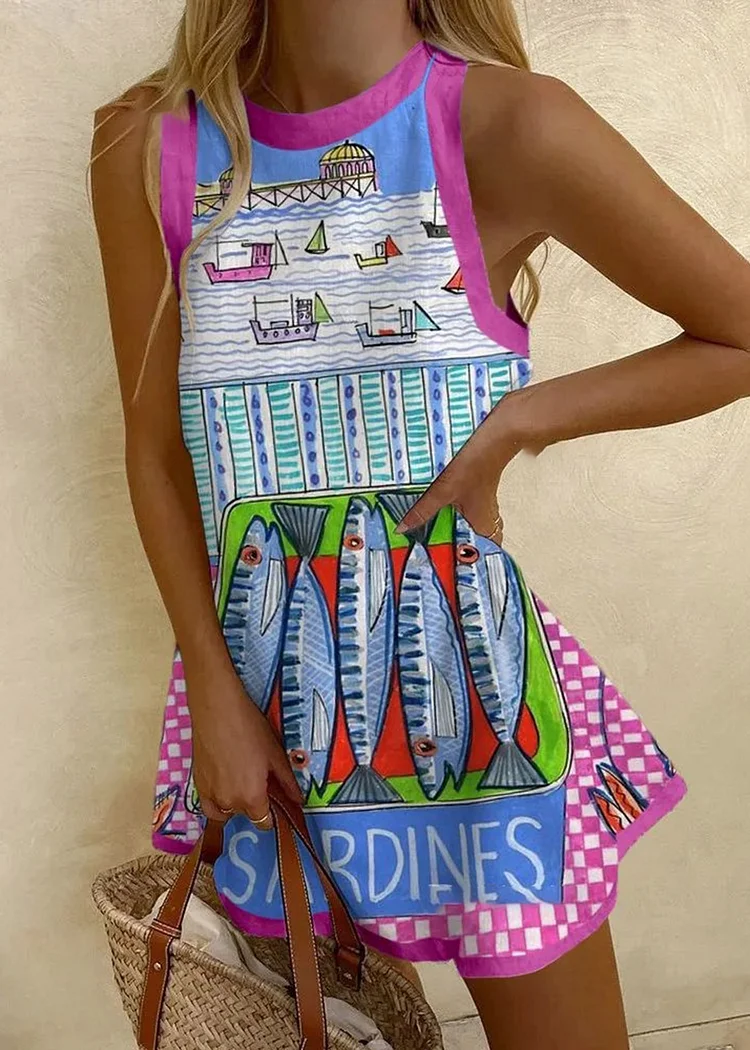 Sea Sardine Print Sleeveless Mini Dress