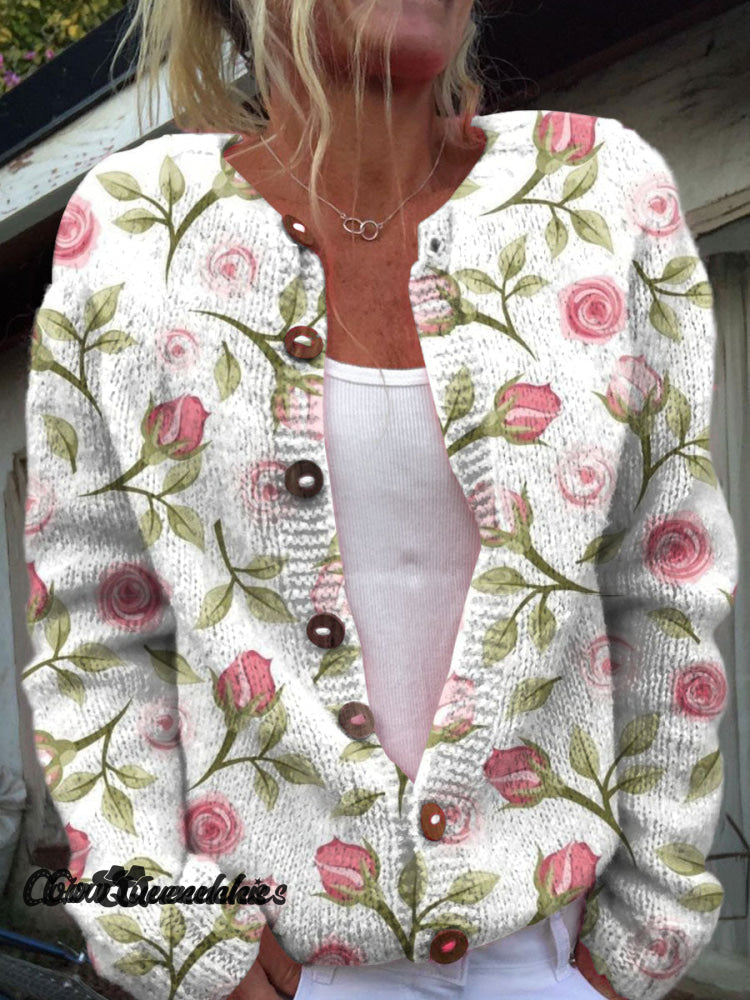 Rose Art Print Buttoned Cardigan Sweater Multicolor / S