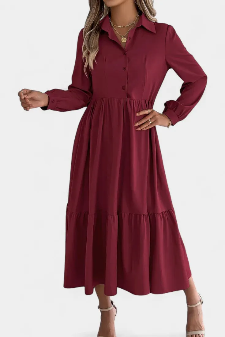Classic Long-Sleeve Button-Down Tiered Dress