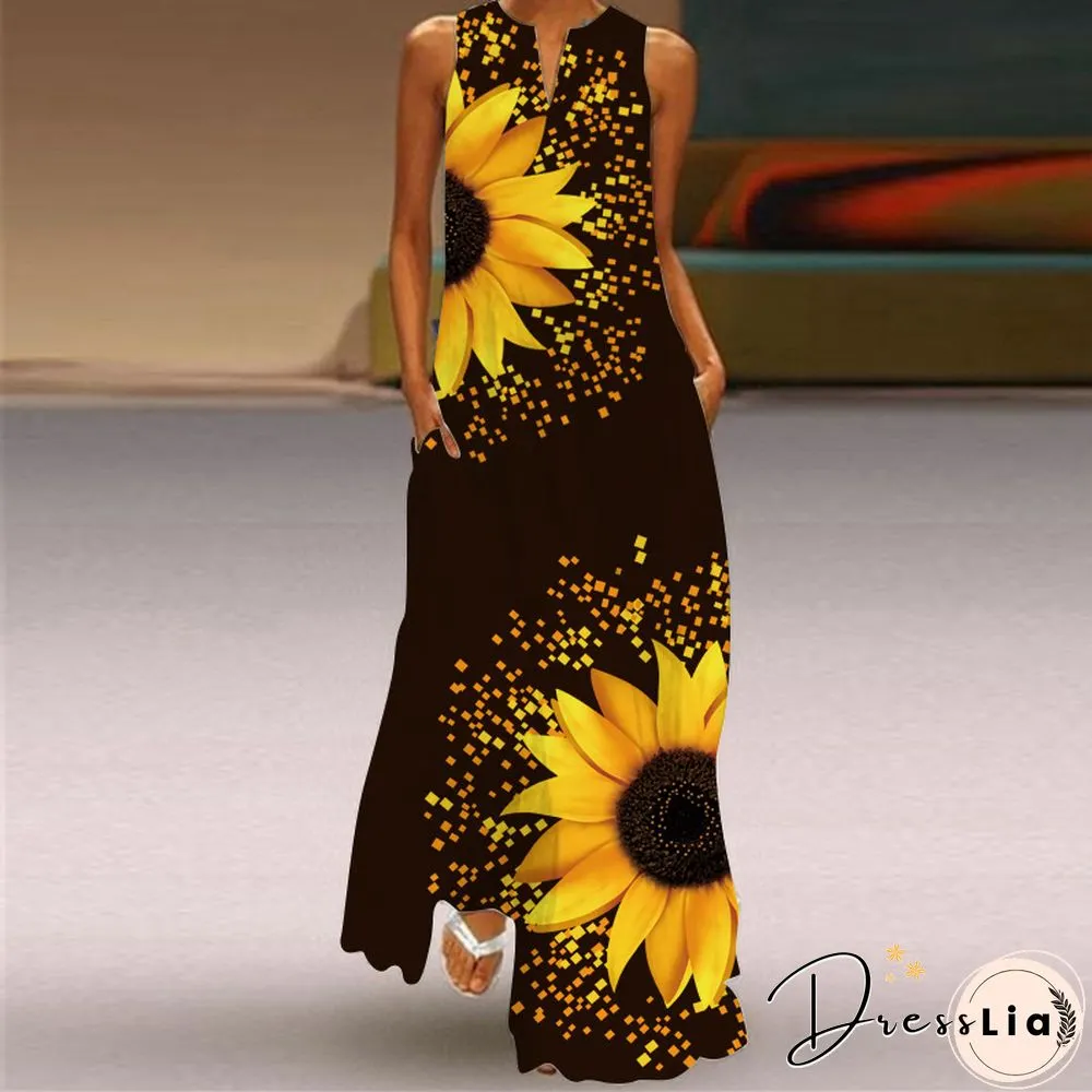 New Fashion Print Summer Dress Casual Sexy Boho Beach Women Party V-neck Sleeveless Pocket