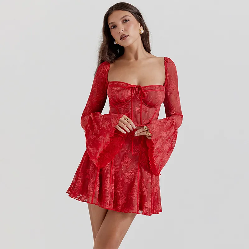 Churchf Churchf Women's Wear 2023 New Ballet Style Sexy Pure Desire Lace-Up Strapless Lace Print Long-Sleeved Dress