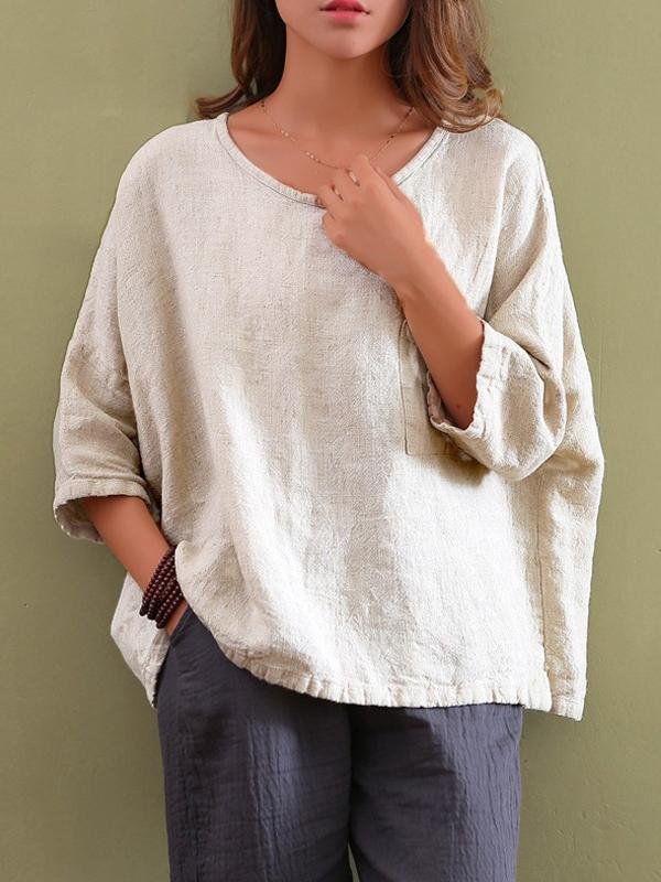 Plus Size Women's Casual Cotton And Linen Loose Round Neck Three-quarter Sleeve Solid Color Tee-Mayoulove