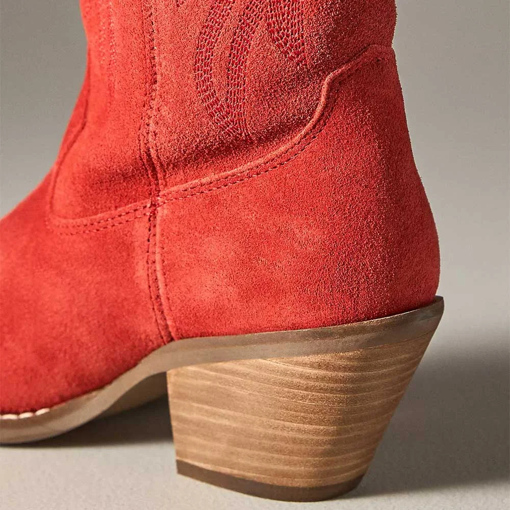 Red Vegan Suede Block Heel Embroidered Women's Cowgirl Boots