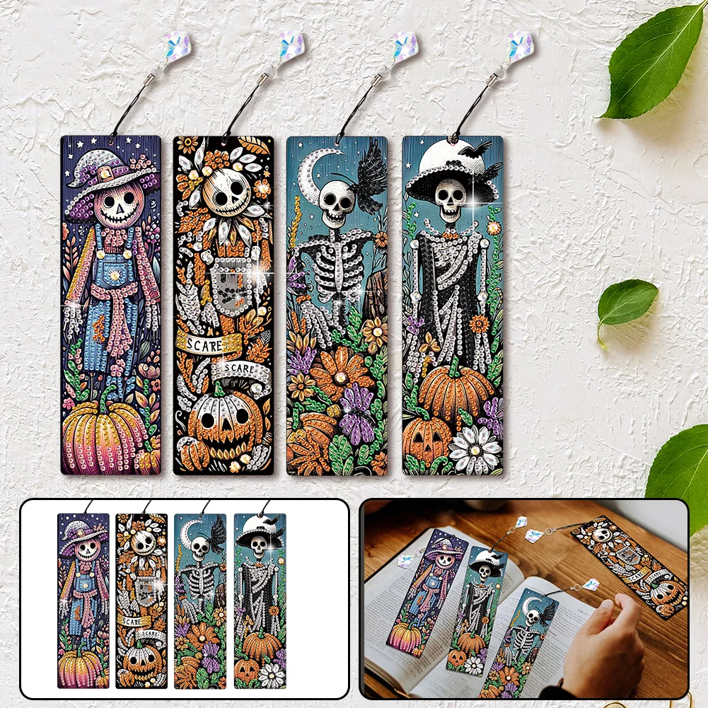 4Pcs Halloween Pumpkin Skull Themed DIY Diamond Painting Bookmark for Book Lover