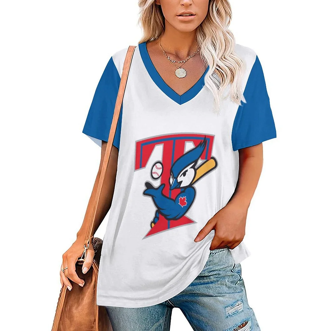 V-neck Short Sleeve Casual T-shirt for  Women Printed with Pattern,Navy,Blue
