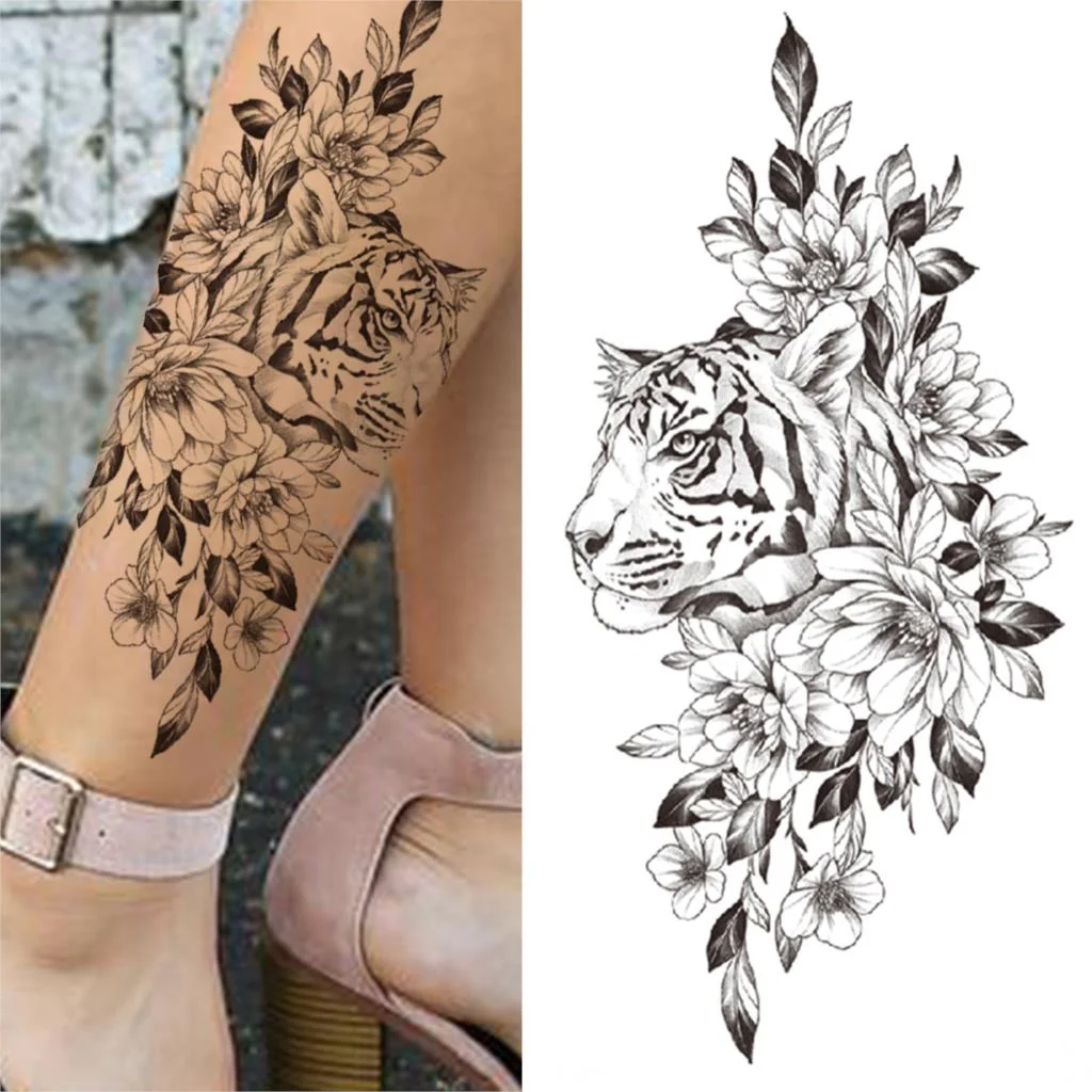 Geometry Rose Flower Temporary Tattoos For Women Girls Black Butterfly Bird Tattoo Sticker Fake Peony Geometric Body Art Tattos