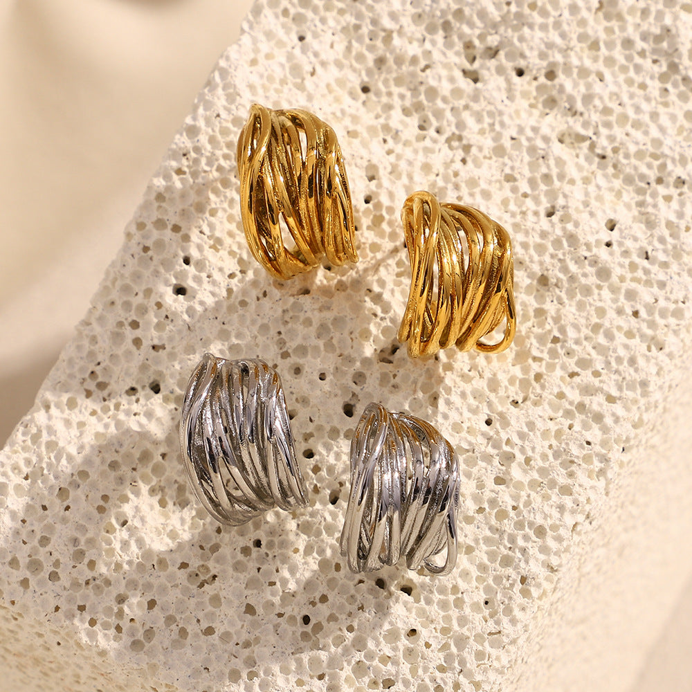 Textured High-End Retro Niche Geometric Stainless Steel Plated 18K Gold Line Hollow C-Shaped Earrings
