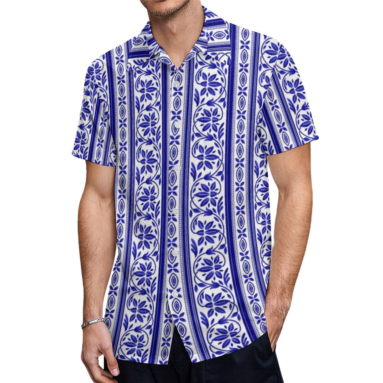 Navy Blue On White Indian Floral Vertical Pattern Hawaiian Shirt Mens Button Down Tropical Hawaii Beach Shirts