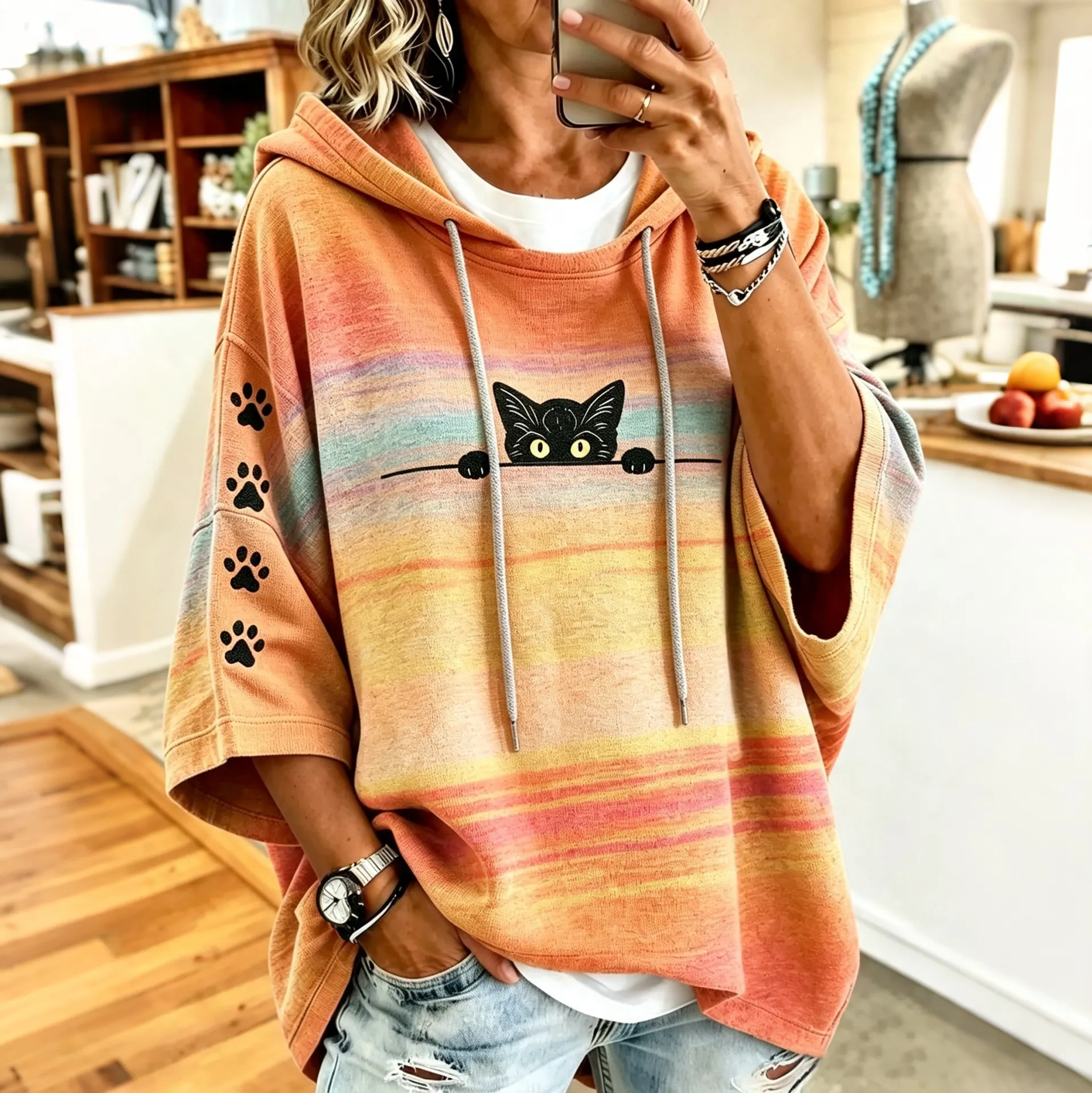 Comstylish Women's Cute Peeking Black Cat Rainbow Striped With Cat Paw Print Hooded Sweatshirt
