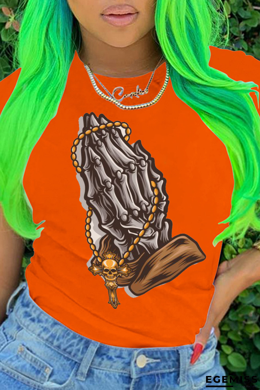 Orange Street Party Print Patchwork O Neck T-Shirts | EGEMISS