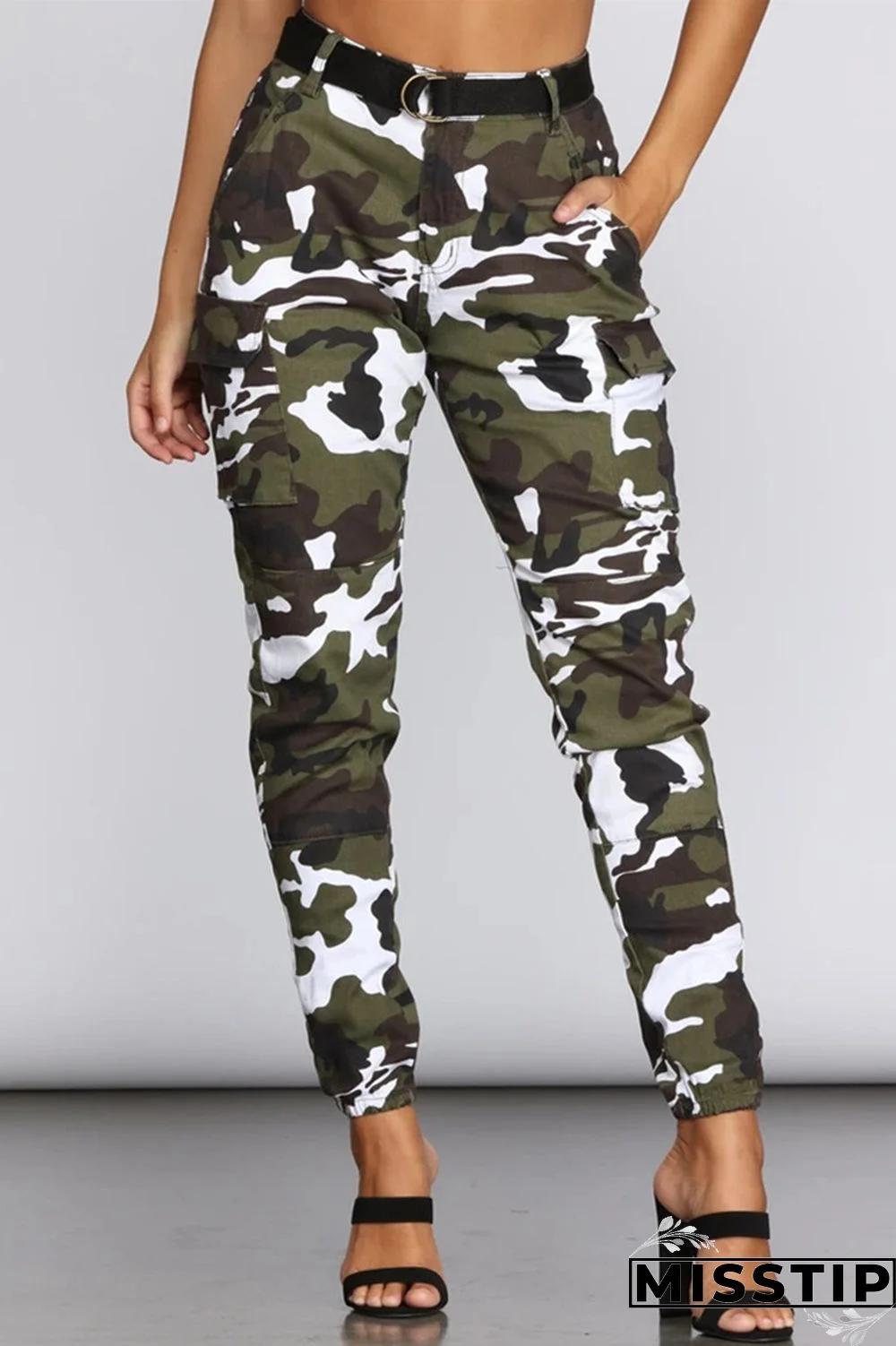 White Drawstring High Print camouflage pencil Pants Bottoms