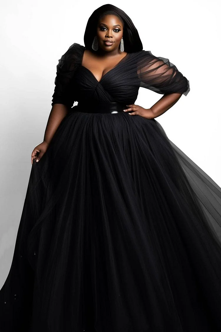 Xpluswear Design Plus Size Wedding Guest Tulle Maxi Dresses Elegant Black Spring Summer V Neck Puff Sleeve Half Sleeve See Through Maxi Dresses [Pre-Order]