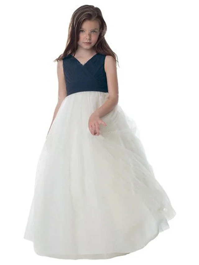 Hellodresses A-Line Sleeveless V Neck Flower Girl Dresses Chiffon Tulle With Ruching