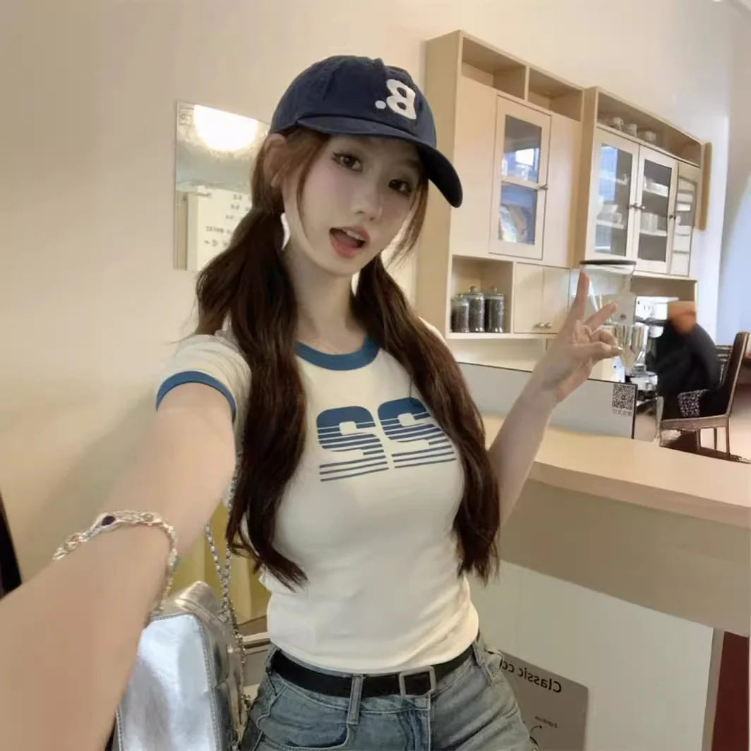 Uveng Uveng Print Short-Sleeved T-Shirt Women's Summer 2024 Hot Girls Retro Short Student Slim Top Fashion