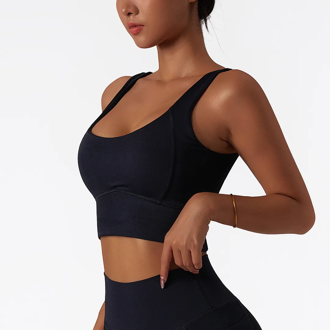 Shop Black widened hem buttery soft dri-fit comfort breathable lightweight high support workout vest bra with removable pads online on Hergymclothing