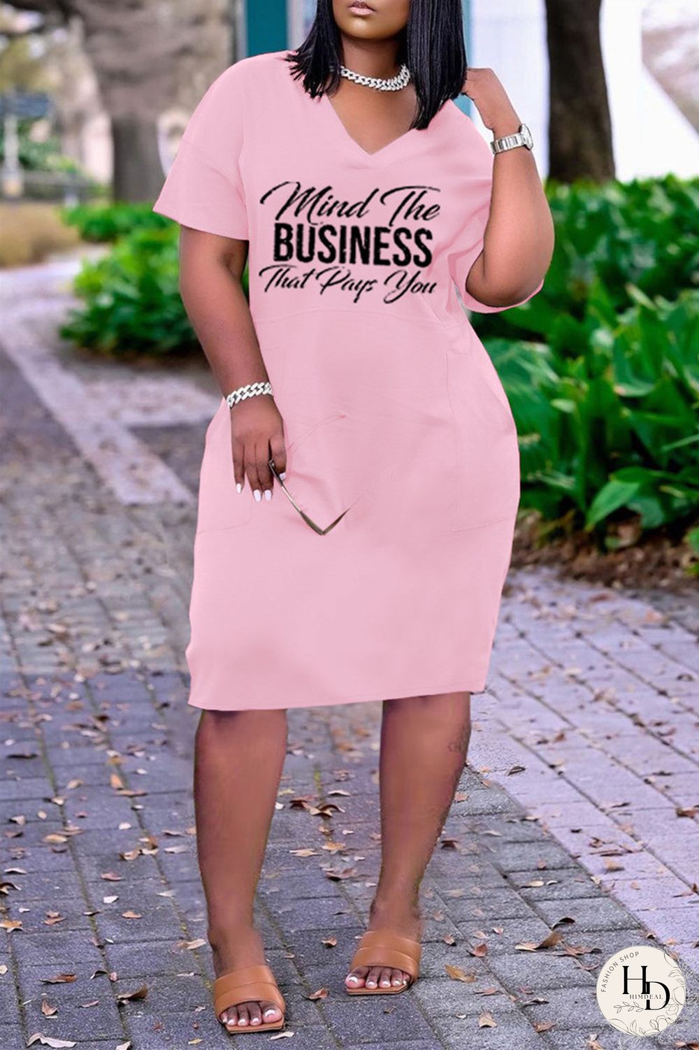 Pink Fashion Casual Letter Print Basic V Neck Short Sleeve Dress