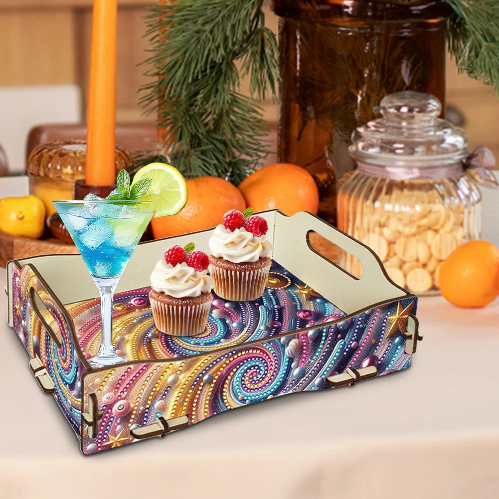 5D DIY Vortex Diamond Painting Wooden Serving Tray with Handle for Coffee Table
