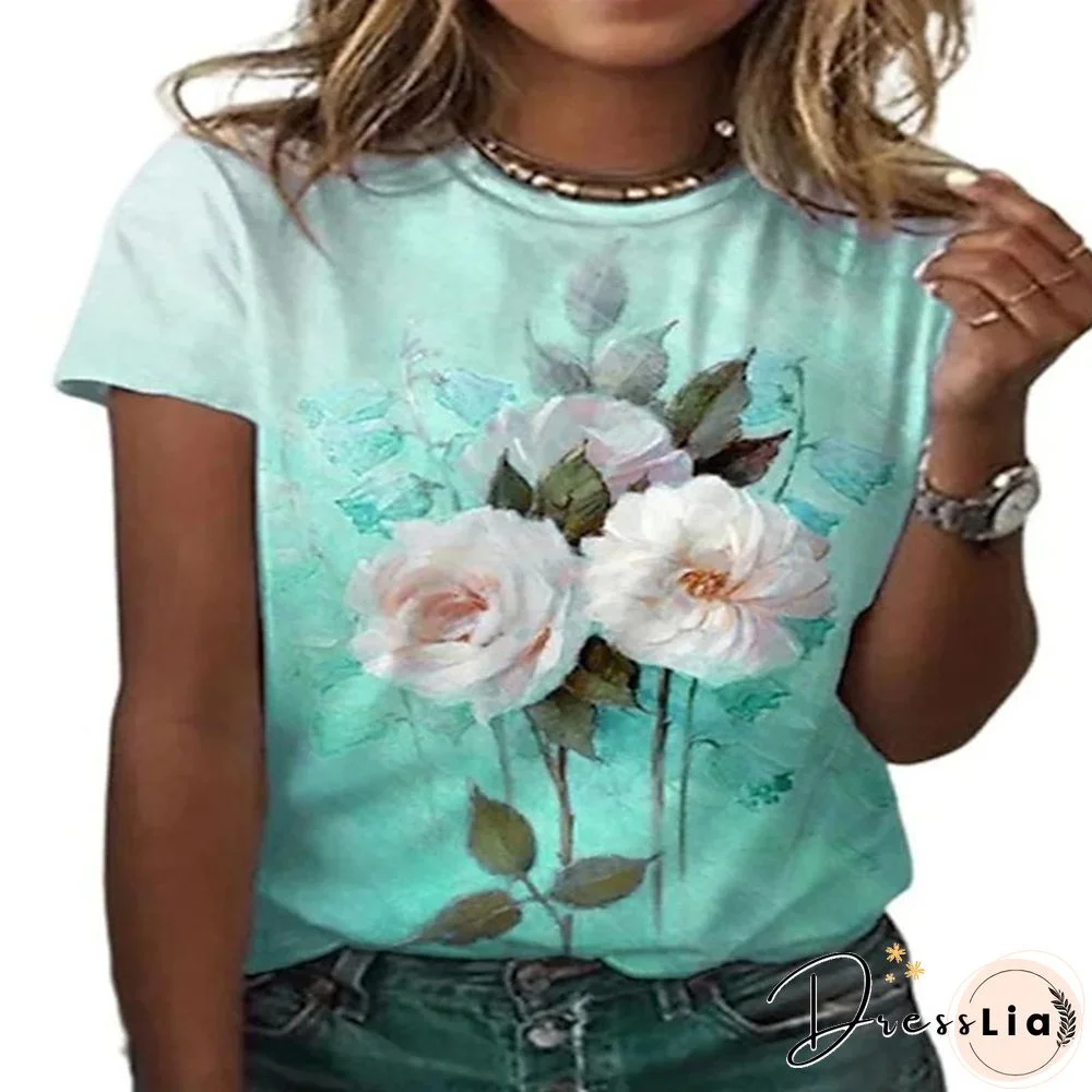 Summer New 3D Printing Ladies Casual Floral Theme Painting T-Shirt Printing Round Neck Soft Fashion Women's Clothing