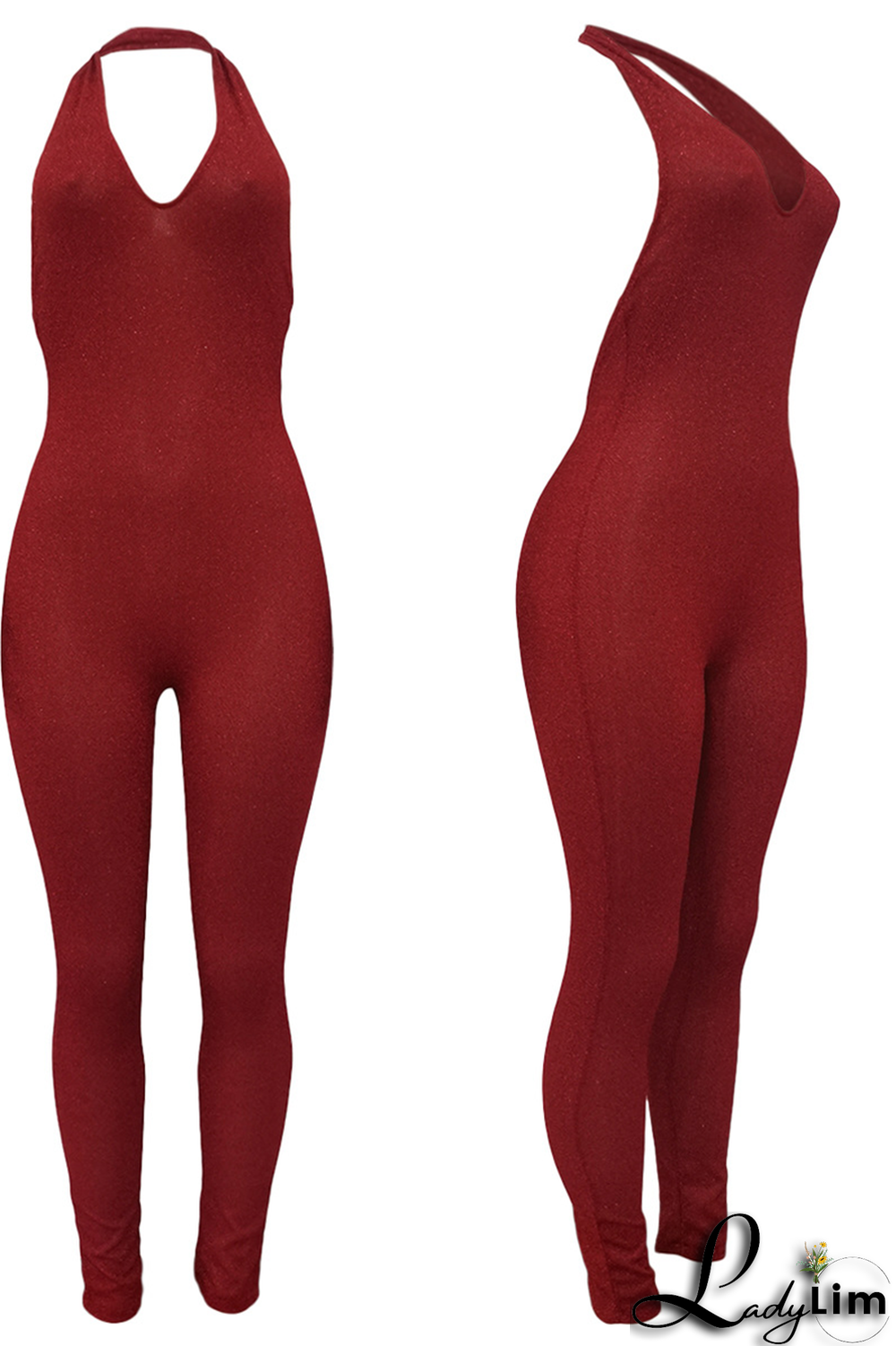 Pink Sexy Solid Patchwork Halter Skinny Jumpsuits