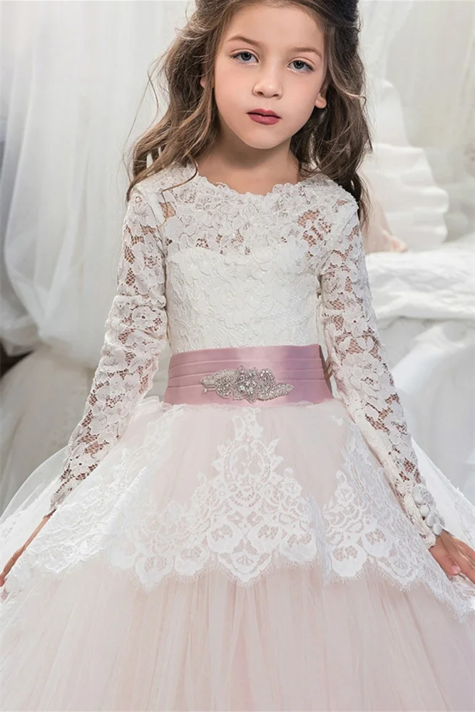 chinese dress ladies Boho Long Sleeve A-line Lace Flower Girl Dresses, Lovely Little Girl D –  SofieBridal main image 1