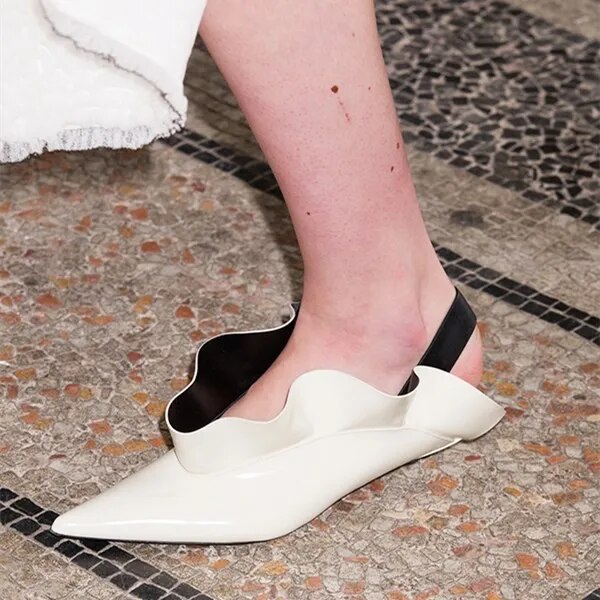 TAAFO Beige Patent Leather Slingback Women Ruffles Pointed Toe Flats Ladies Dress Office Elastic Band Shoes 
