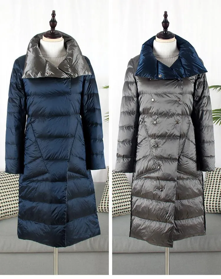 FTLZZ Duck Down Jacket Women Winter Long Double Sided Plaid Coat Female Plus Size Warm Down Parka Slim Outwear