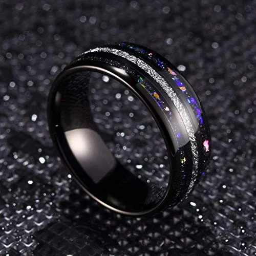 6MM 8MM Women's Or Men's Tungsten Carbide Wedding Matching Rings Black Tone Meteorite with Multi Color Rainbow Opal Inlay Organic Colors