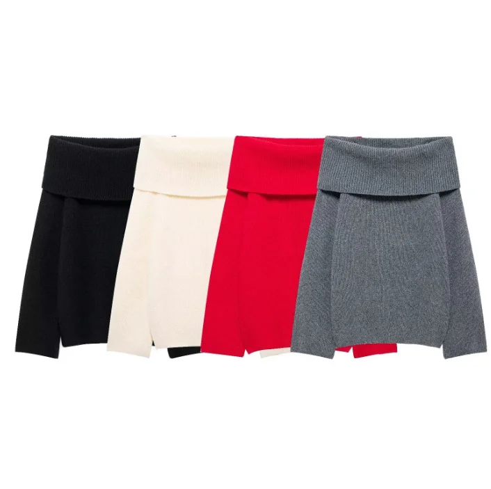 Nigikala Nigikala Women's Clothing INS Burst Temperament Simple Word Shoulder Long-Sleeved Sweater Top Loose